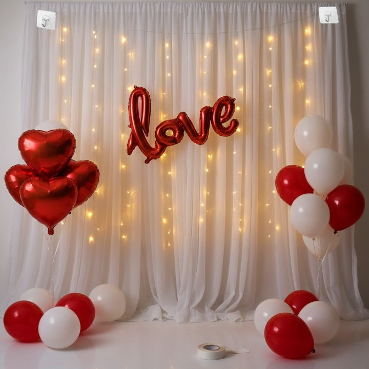 32 Pcs Romantic Tent Decoration Set With Red & White Balloons, Foil Heart, LED Lights & White Curtain Backdrop For Bedroom