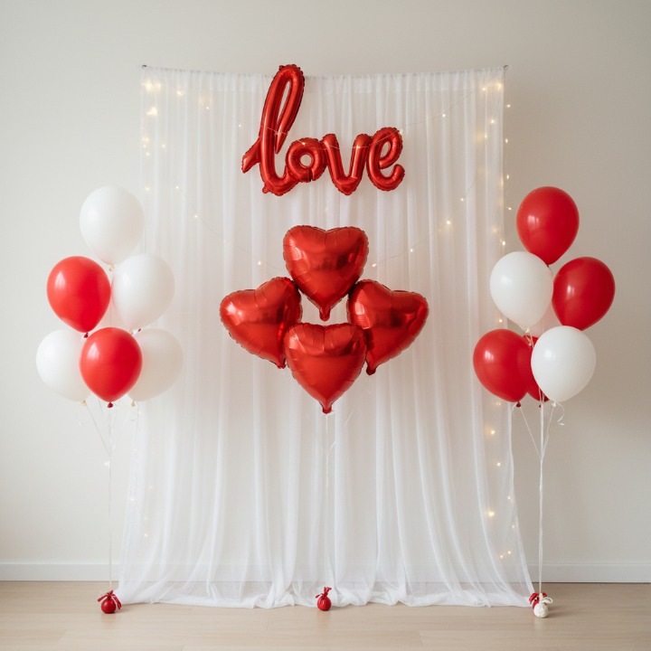 32 Pcs Romantic Tent Decoration Set With Red & White Balloons, Foil Heart, LED Lights & White Curtain Backdrop For Bedroom