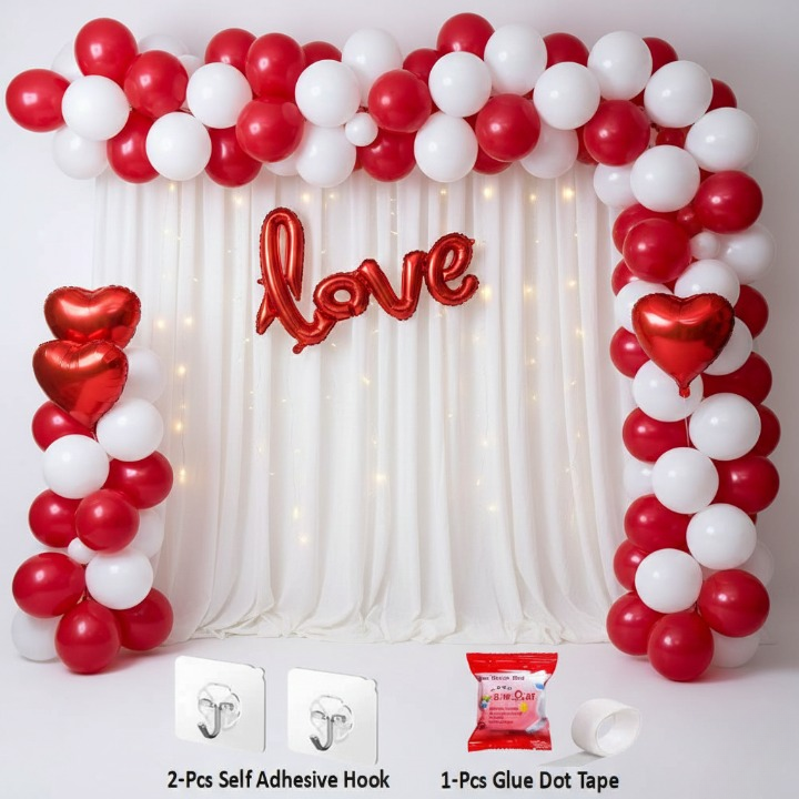 32 Pcs Romantic Tent Decoration Set With Red & White Balloons, Foil Heart, LED Lights & White Curtain Backdrop For Bedroom