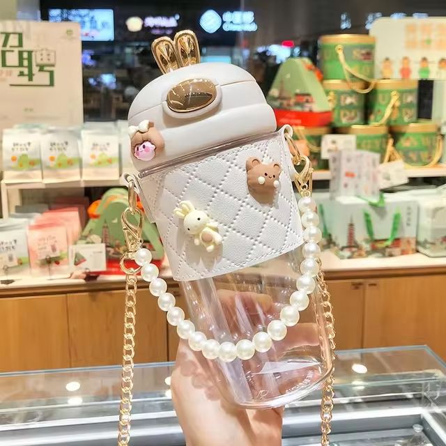 Cute Rabbit Ear Plastic Water Bottles With Straw For Girls Kids Portable Strap Student Bottle With Cup Cover