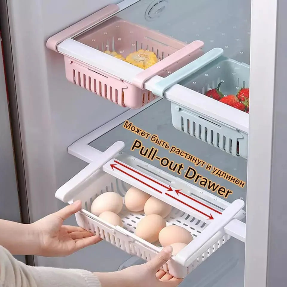 Adjustable Fridge Storage Basket Expandable Fridge Storage Rack Plastic Fridge Space Saver Food Organizer Tray Refrigerator Pull out Drawers